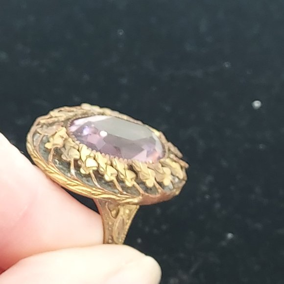 Victorian Brass Deep Purple colored Rhinestone Ring - Picture 10 of 13